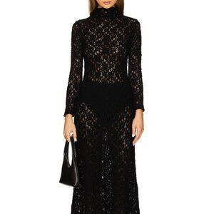 Enza Costa Puckered Lace Mockneck Dress in Black knit mesh midi long sleeve